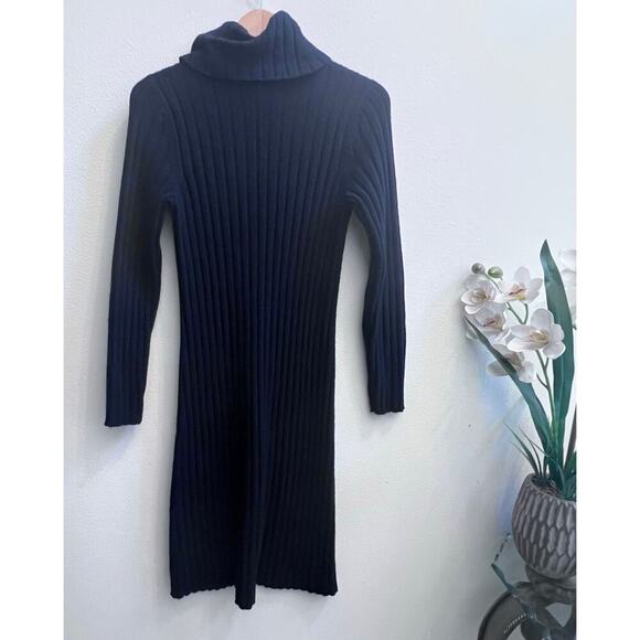 Ralph Lauren Turtleneck 100% Lambswool Black Ribbed Sweater Midi Dress Sz Large - Picture 2 of 6